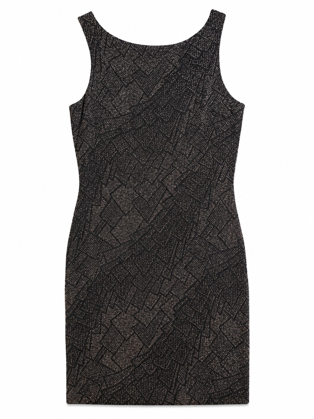 Vintage Sleek Black Metallic Pattern Mini Dress With Scoop Back, Size 8